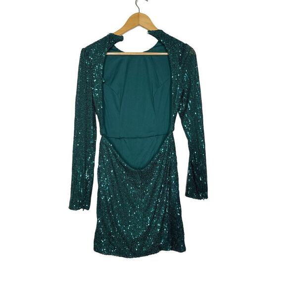 Ieena for Mac Duggal Dress Sequined Long Sleeve Open Back Ruched Green NWT 4 - Picture 5 of 10